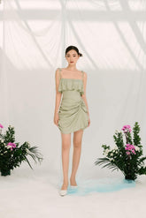 Silk draped mini dress with ruched side detail and tie shoulder straps